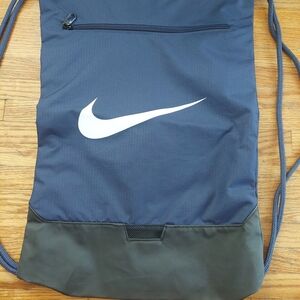 Nike Blue and Black Drawstring Backpack Swoosh Sturdy Double Ribbed Nylon